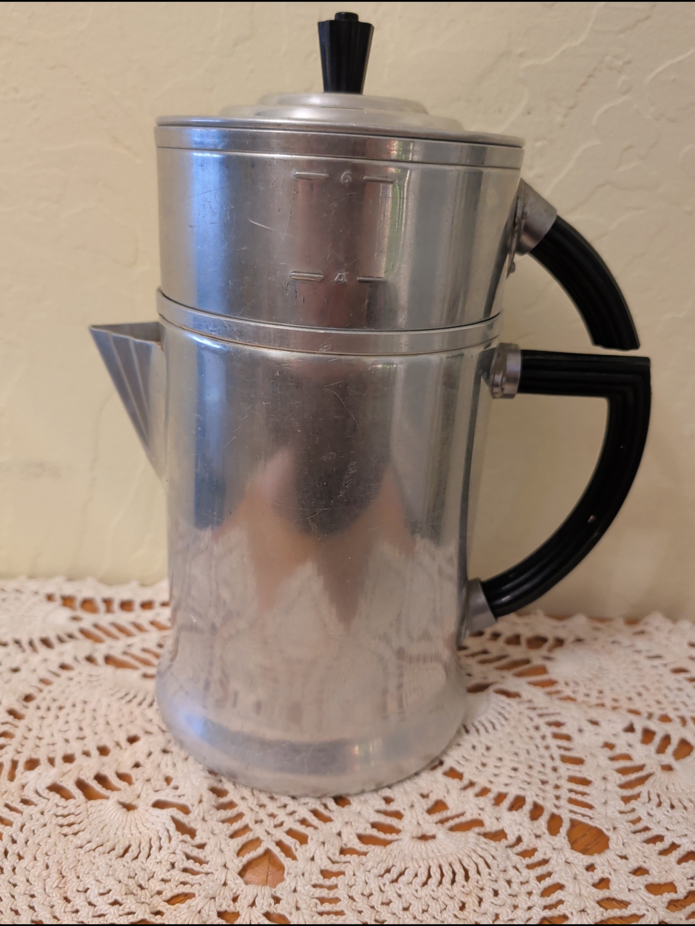 Vintage Silver Metal Coffee Percolator with Black Handle